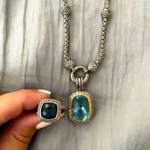 David Yurman blue topaz authentic ring, silver necklace to match